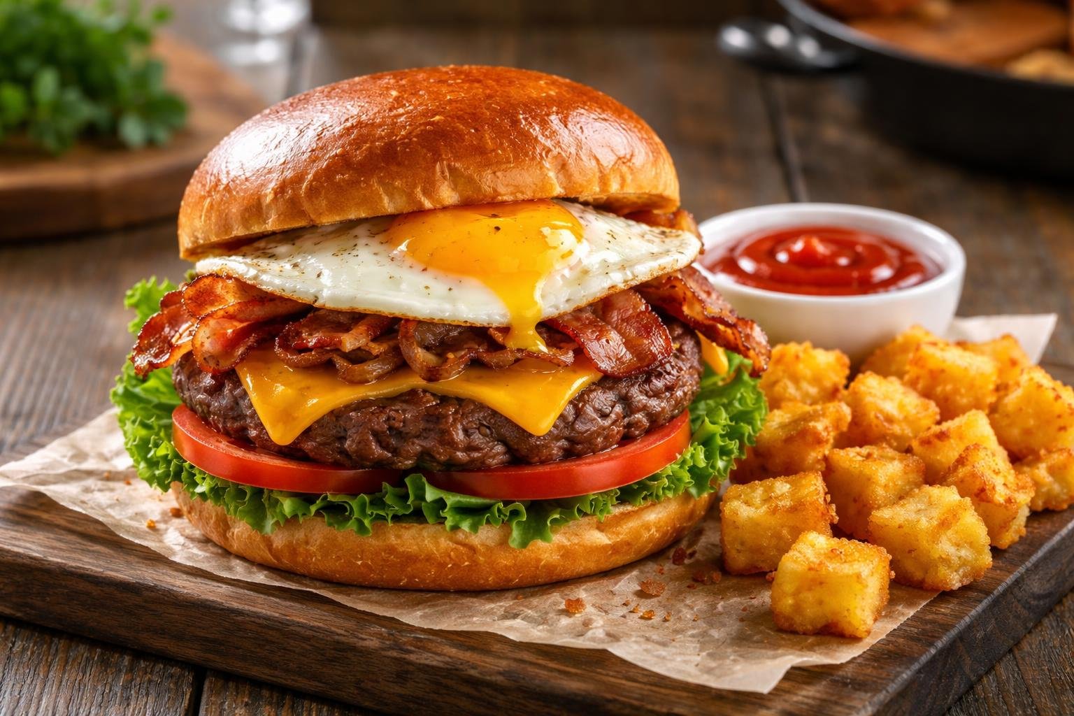 A perfectly assembled brunch burger with bacon, fried egg, cheese, lettuce, and tomato on a wooden table, served with hash browns and ketchup.