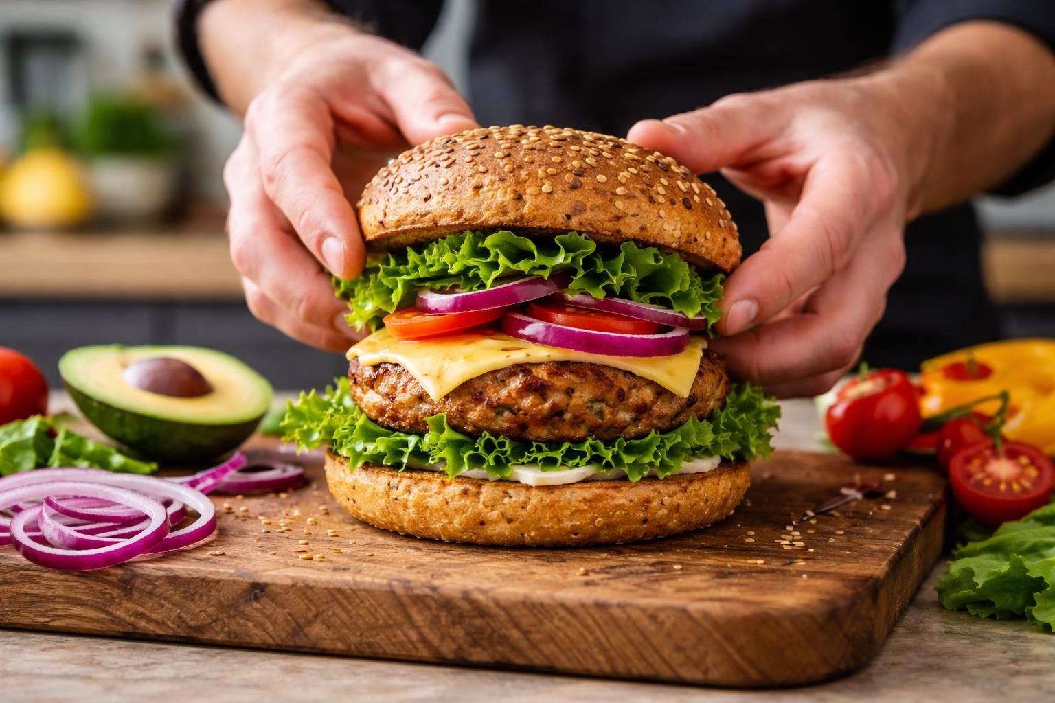 Close-up of a chef assembling a vegan burger with fresh vegetables and a plant-based patty in a modern kitchen.